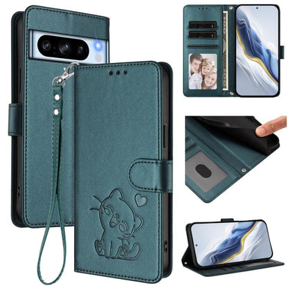 Embossed Heart Cat Leather Phone Case with Hand Strap, For Google Pixel 11 Pro XL, For Google Pixel 11 Pro / Pixel 11, For Google Pixel 10 Pro XL / 9 Pro XL, For Google Pixel 10 / 10 Pro / 9 Pro, For Google Pixel 9a, For Google Pixel 8a                ...