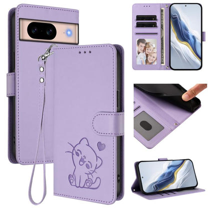 Embossed Heart Cat Leather Phone Case with Hand Strap, For Google Pixel 11 Pro XL, For Google Pixel 11 Pro / Pixel 11, For Google Pixel 10 Pro XL / 9 Pro XL, For Google Pixel 10 / 10 Pro / 9 Pro, For Google Pixel 9a, For Google Pixel 8a                ...