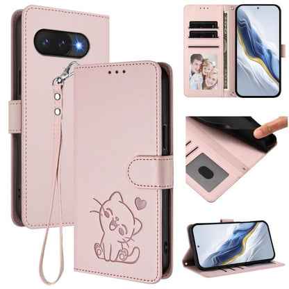 Embossed Heart Cat Leather Phone Case with Hand Strap, For Google Pixel 11 Pro XL, For Google Pixel 11 Pro / Pixel 11, For Google Pixel 10 Pro XL / 9 Pro XL, For Google Pixel 10 / 10 Pro / 9 Pro, For Google Pixel 9a, For Google Pixel 8a                ...
