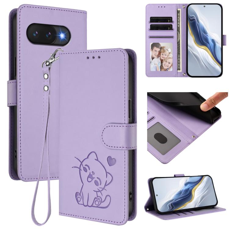 Embossed Heart Cat Leather Phone Case with Hand Strap, For Google Pixel 11 Pro XL, For Google Pixel 11 Pro / Pixel 11, For Google Pixel 10 Pro XL / 9 Pro XL, For Google Pixel 10 / 10 Pro / 9 Pro, For Google Pixel 9a, For Google Pixel 8a                ...