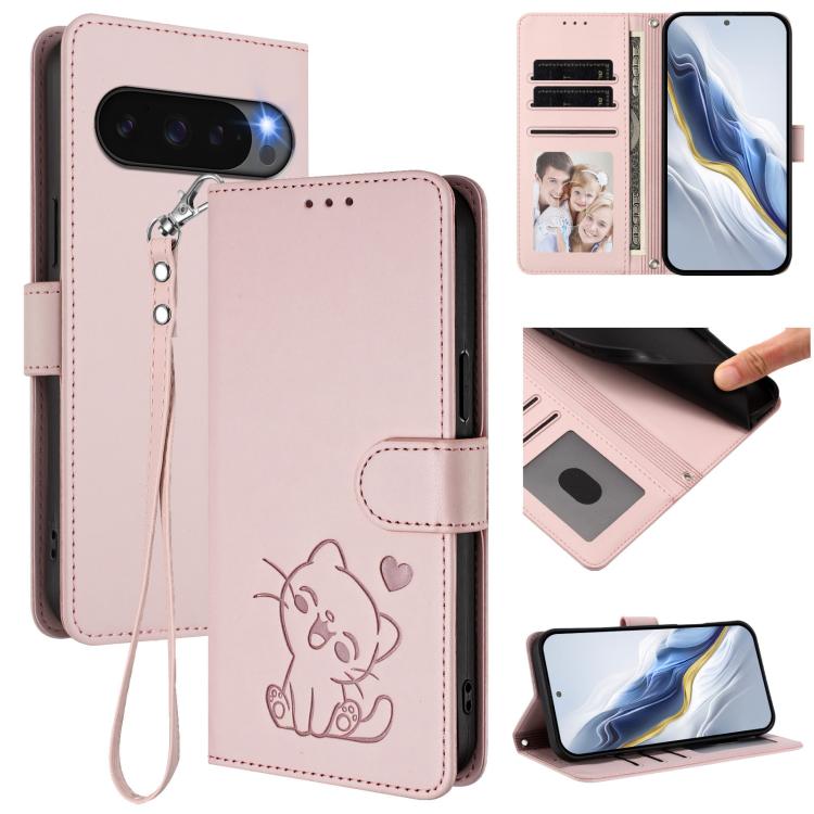 Embossed Heart Cat Leather Phone Case with Hand Strap, For Google Pixel 11 Pro XL, For Google Pixel 11 Pro / Pixel 11, For Google Pixel 10 Pro XL / 9 Pro XL, For Google Pixel 10 / 10 Pro / 9 Pro, For Google Pixel 9a, For Google Pixel 8a                ...