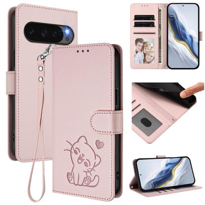 Embossed Heart Cat Leather Phone Case with Hand Strap, For Google Pixel 11 Pro XL, For Google Pixel 11 Pro / Pixel 11, For Google Pixel 10 Pro XL / 9 Pro XL, For Google Pixel 10 / 10 Pro / 9 Pro, For Google Pixel 9a, For Google Pixel 8a                ...