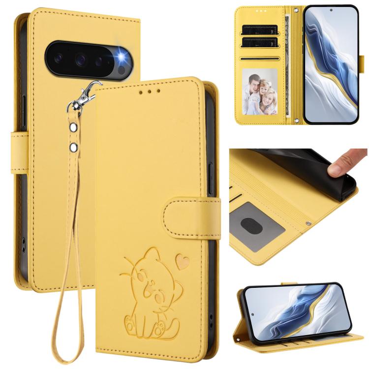 Embossed Heart Cat Leather Phone Case with Hand Strap, For Google Pixel 11 Pro XL, For Google Pixel 11 Pro / Pixel 11, For Google Pixel 10 Pro XL / 9 Pro XL, For Google Pixel 10 / 10 Pro / 9 Pro, For Google Pixel 9a, For Google Pixel 8a                ...