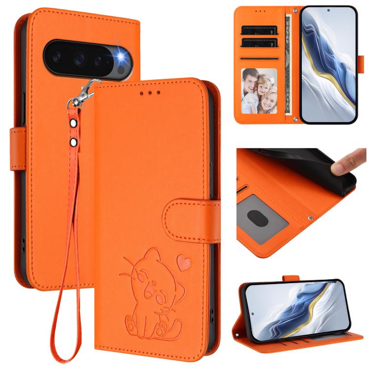 Embossed Heart Cat Leather Phone Case with Hand Strap, For Google Pixel 11 Pro XL, For Google Pixel 11 Pro / Pixel 11, For Google Pixel 10 Pro XL / 9 Pro XL, For Google Pixel 10 / 10 Pro / 9 Pro, For Google Pixel 9a, For Google Pixel 8a                ...