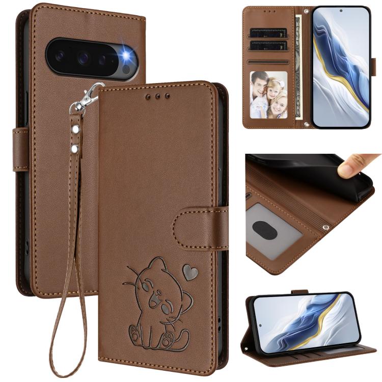 Embossed Heart Cat Leather Phone Case with Hand Strap, For Google Pixel 11 Pro XL, For Google Pixel 11 Pro / Pixel 11, For Google Pixel 10 Pro XL / 9 Pro XL, For Google Pixel 10 / 10 Pro / 9 Pro, For Google Pixel 9a, For Google Pixel 8a                ...