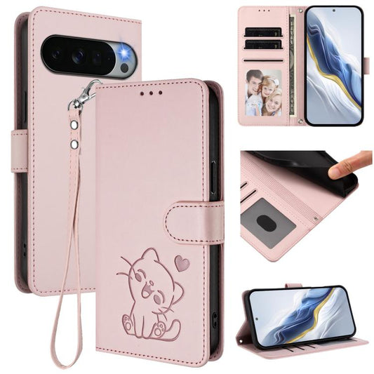 Embossed Heart Cat Leather Phone Case with Hand Strap, For Google Pixel 11 Pro XL, For Google Pixel 11 Pro / Pixel 11, For Google Pixel 10 Pro XL / 9 Pro XL, For Google Pixel 10 / 10 Pro / 9 Pro, For Google Pixel 9a, For Google Pixel 8a