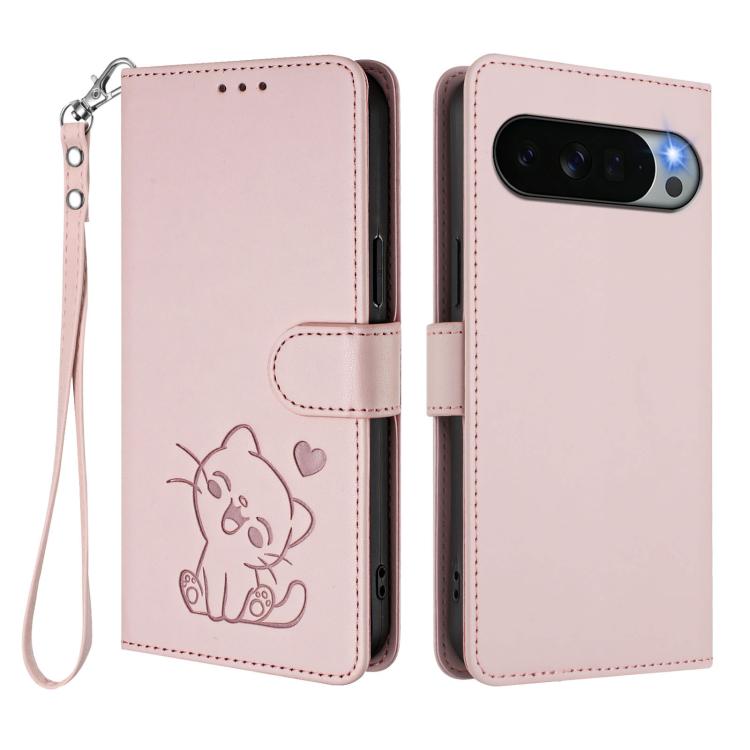 Embossed Heart Cat Leather Phone Case with Hand Strap, For Google Pixel 11 Pro XL, For Google Pixel 11 Pro / Pixel 11, For Google Pixel 10 Pro XL / 9 Pro XL, For Google Pixel 10 / 10 Pro / 9 Pro, For Google Pixel 9a, For Google Pixel 8a                ...