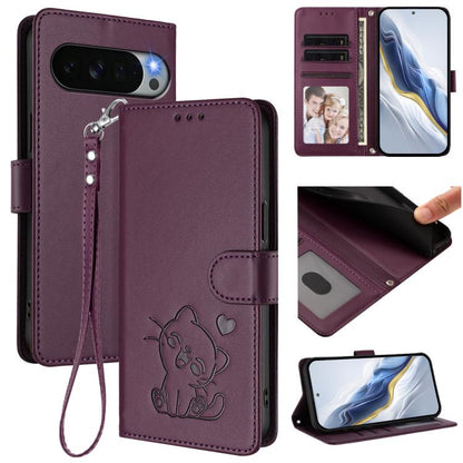 Embossed Heart Cat Leather Phone Case with Hand Strap, For Google Pixel 11 Pro XL, For Google Pixel 11 Pro / Pixel 11, For Google Pixel 10 Pro XL / 9 Pro XL, For Google Pixel 10 / 10 Pro / 9 Pro, For Google Pixel 9a, For Google Pixel 8a                ...