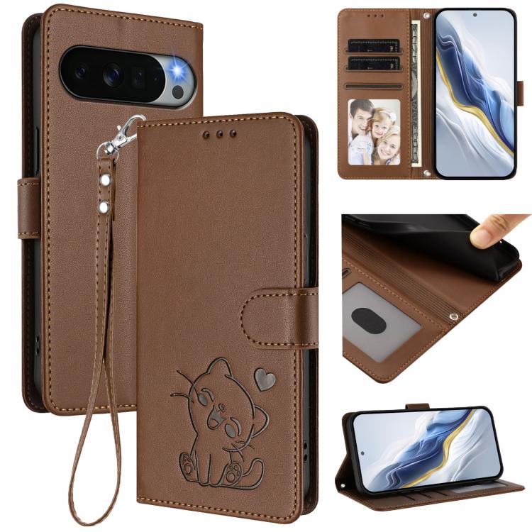 Embossed Heart Cat Leather Phone Case with Hand Strap, For Google Pixel 11 Pro XL, For Google Pixel 11 Pro / Pixel 11, For Google Pixel 10 Pro XL / 9 Pro XL, For Google Pixel 10 / 10 Pro / 9 Pro, For Google Pixel 9a, For Google Pixel 8a                ...