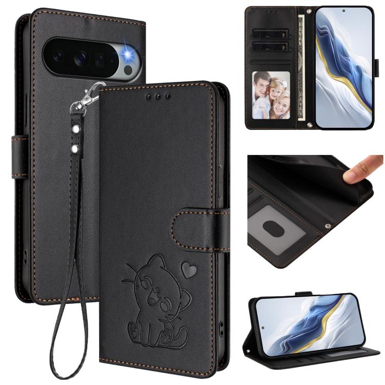 Embossed Heart Cat Leather Phone Case with Hand Strap, For Google Pixel 11 Pro XL, For Google Pixel 11 Pro / Pixel 11, For Google Pixel 10 Pro XL / 9 Pro XL, For Google Pixel 10 / 10 Pro / 9 Pro, For Google Pixel 9a, For Google Pixel 8a                ...