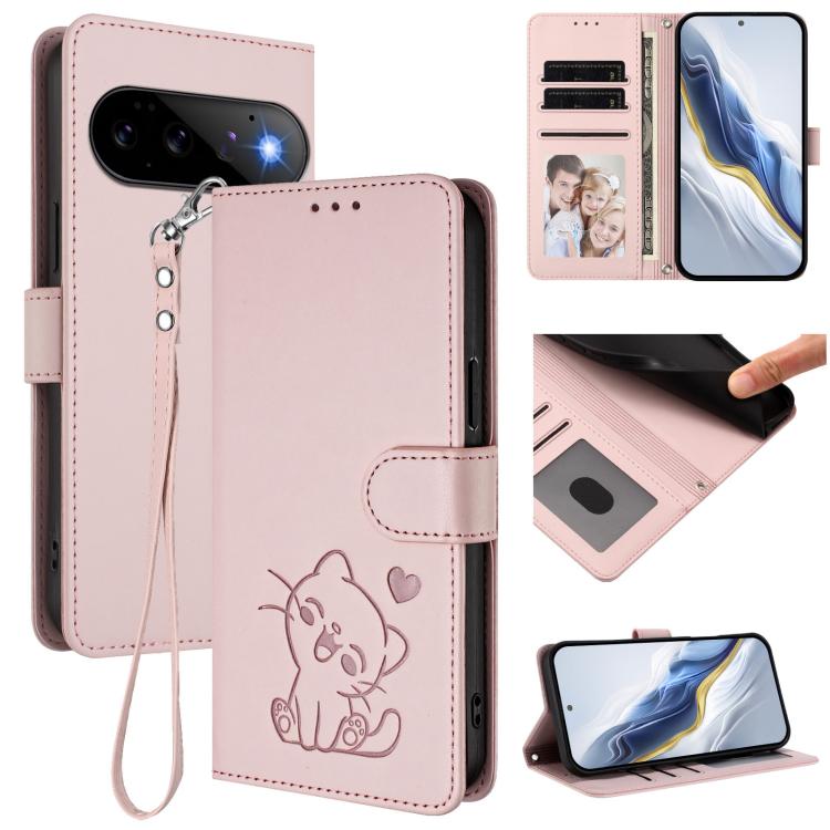 Embossed Heart Cat Leather Phone Case with Hand Strap, For Google Pixel 11 Pro XL, For Google Pixel 11 Pro / Pixel 11, For Google Pixel 10 Pro XL / 9 Pro XL, For Google Pixel 10 / 10 Pro / 9 Pro, For Google Pixel 9a, For Google Pixel 8a                ...