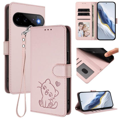 Embossed Heart Cat Leather Phone Case with Hand Strap, For Google Pixel 11 Pro XL, For Google Pixel 11 Pro / Pixel 11, For Google Pixel 10 Pro XL / 9 Pro XL, For Google Pixel 10 / 10 Pro / 9 Pro, For Google Pixel 9a, For Google Pixel 8a                ...