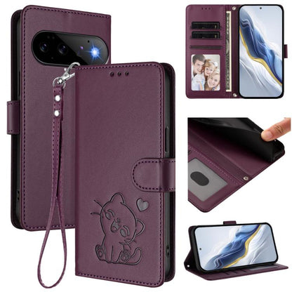Embossed Heart Cat Leather Phone Case with Hand Strap, For Google Pixel 11 Pro XL, For Google Pixel 11 Pro / Pixel 11, For Google Pixel 10 Pro XL / 9 Pro XL, For Google Pixel 10 / 10 Pro / 9 Pro, For Google Pixel 9a, For Google Pixel 8a                ...