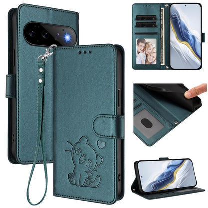 Embossed Heart Cat Leather Phone Case with Hand Strap, For Google Pixel 11 Pro XL, For Google Pixel 11 Pro / Pixel 11, For Google Pixel 10 Pro XL / 9 Pro XL, For Google Pixel 10 / 10 Pro / 9 Pro, For Google Pixel 9a, For Google Pixel 8a                ...
