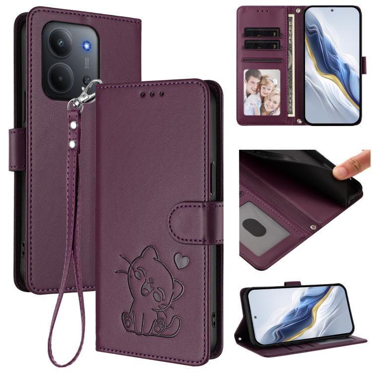 Embossed Heart Cat Leather Phone Case with Hand Strap, For Xiaomi Poco M7 4G 169mm, For Redmi 15 5G Global / 15 4G SEA 169.5mm, For Redmi 15 5G / 4G EU 171mm, For Redmi 15C 5G / 4G Global 171mm / Poco C85 4G, For Redmi 13 4G / 5G / 13x / Xiaomi Poco M6...