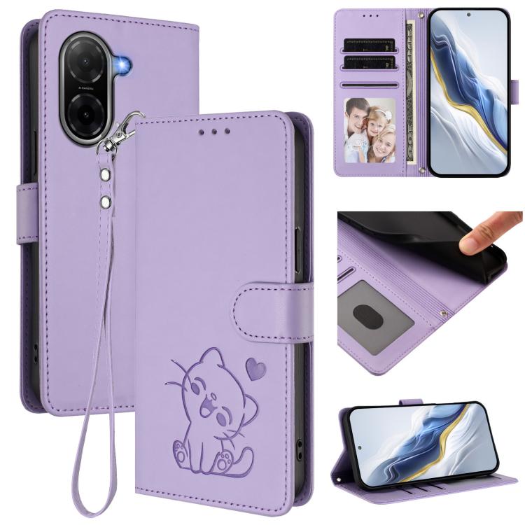 Embossed Heart Cat Leather Phone Case with Hand Strap, For Xiaomi Poco M7 4G 169mm, For Redmi 15 5G Global / 15 4G SEA 169.5mm, For Redmi 15 5G / 4G EU 171mm, For Redmi 15C 5G / 4G Global 171mm / Poco C85 4G, For Redmi 13 4G / 5G / 13x / Xiaomi Poco M6...