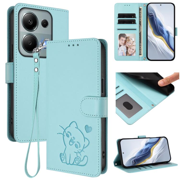Embossed Heart Cat Leather Phone Case with Hand Strap, For Xiaomi Poco M7 4G 169mm, For Redmi 15 5G Global / 15 4G SEA 169.5mm, For Redmi 15 5G / 4G EU 171mm, For Redmi 15C 5G / 4G Global 171mm / Poco C85 4G, For Redmi 13 4G / 5G / 13x / Xiaomi Poco M6...