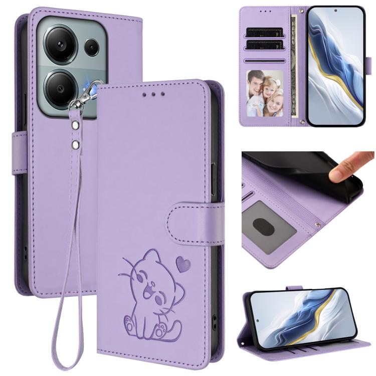 Embossed Heart Cat Leather Phone Case with Hand Strap, For Xiaomi Poco M7 4G 169mm, For Redmi 15 5G Global / 15 4G SEA 169.5mm, For Redmi 15 5G / 4G EU 171mm, For Redmi 15C 5G / 4G Global 171mm / Poco C85 4G, For Redmi 13 4G / 5G / 13x / Xiaomi Poco M6...