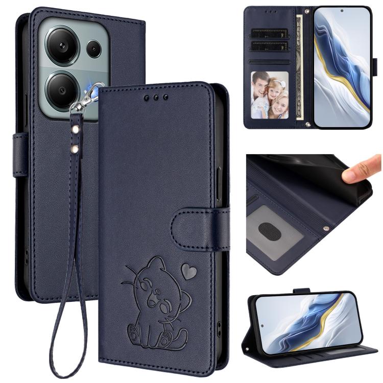 Embossed Heart Cat Leather Phone Case with Hand Strap, For Xiaomi Poco M7 4G 169mm, For Redmi 15 5G Global / 15 4G SEA 169.5mm, For Redmi 15 5G / 4G EU 171mm, For Redmi 15C 5G / 4G Global 171mm / Poco C85 4G, For Redmi 13 4G / 5G / 13x / Xiaomi Poco M6...