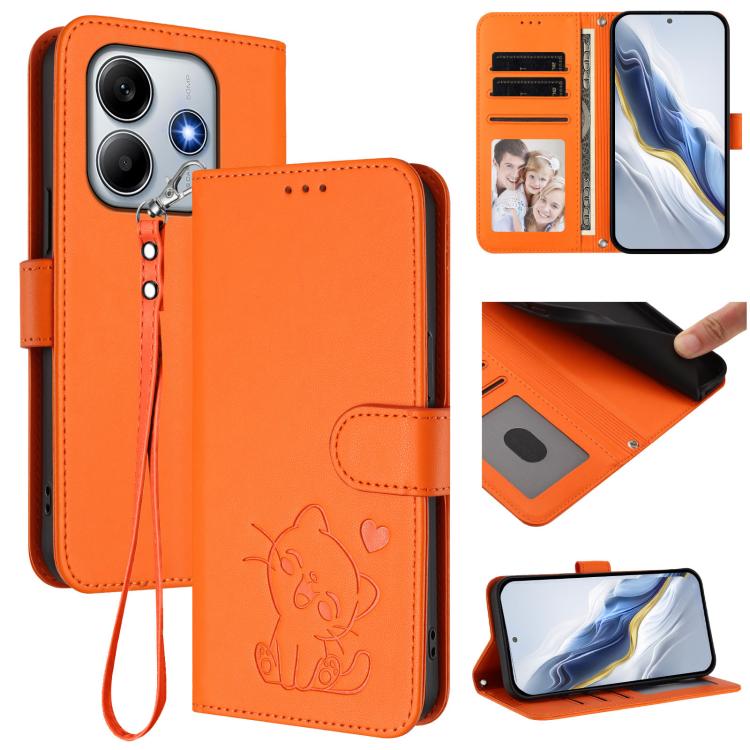 Embossed Heart Cat Leather Phone Case with Hand Strap, For Xiaomi Poco M7 4G 169mm, For Redmi 15 5G Global / 15 4G SEA 169.5mm, For Redmi 15 5G / 4G EU 171mm, For Redmi 15C 5G / 4G Global 171mm / Poco C85 4G, For Redmi 13 4G / 5G / 13x / Xiaomi Poco M6...