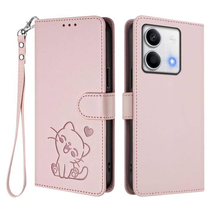 Embossed Heart Cat Leather Phone Case with Hand Strap, For Redmi Note 13 5G Global, For Redmi Note 13 Pro+ 5G Global, For Redmi 12 4G / 5G / Note 12R, For Redmi K50i / Note 12T Pro, For Redmi Note 12 Turbo 5G / Xiaomi Poco F5, For Redmi K60 / K60 Pro  ...