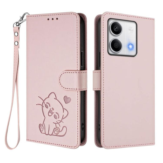 Embossed Heart Cat Leather Phone Case with Hand Strap, For Redmi Note 13 5G Global, For Redmi Note 13 Pro+ 5G Global, For Redmi 12 4G / 5G / Note 12R, For Redmi K50i / Note 12T Pro, For Redmi Note 12 Turbo 5G / Xiaomi Poco F5, For Redmi K60 / K60 Pro  ...