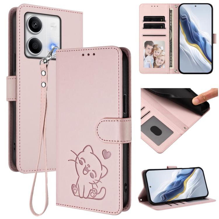 Embossed Heart Cat Leather Phone Case with Hand Strap, For Redmi Note 13 5G Global, For Redmi Note 13 Pro+ 5G Global, For Redmi 12 4G / 5G / Note 12R, For Redmi K50i / Note 12T Pro, For Redmi Note 12 Turbo 5G / Xiaomi Poco F5, For Redmi K60 / K60 Pro  ...