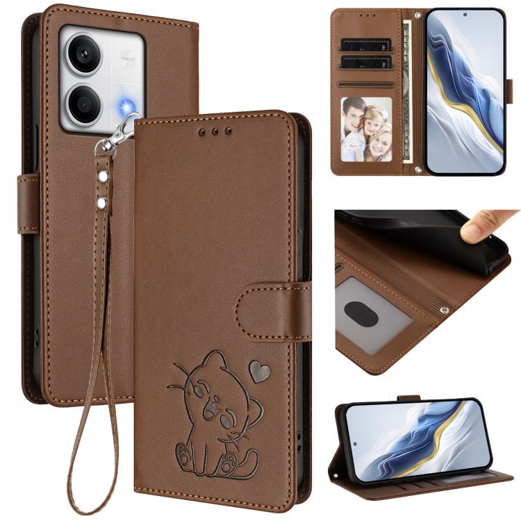Embossed Heart Cat Leather Phone Case with Hand Strap, For Redmi Note 13 5G Global, For Redmi Note 13 Pro+ 5G Global, For Redmi 12 4G / 5G / Note 12R, For Redmi K50i / Note 12T Pro, For Redmi Note 12 Turbo 5G / Xiaomi Poco F5, For Redmi K60 / K60 Pro  ...