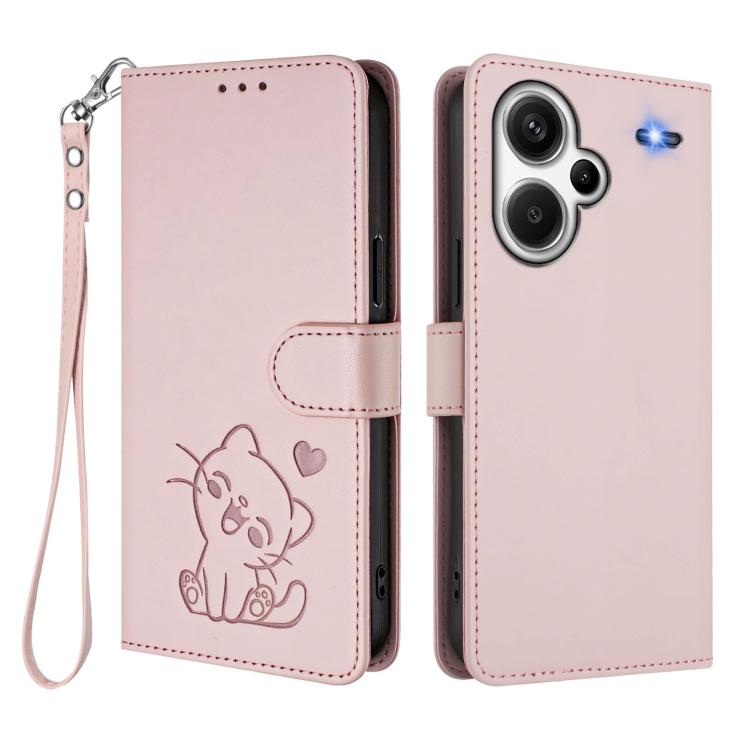 Embossed Heart Cat Leather Phone Case with Hand Strap, For Redmi Note 13 Pro+ 5G Global, For Redmi 12 4G / 5G / Note 12R, For Redmi K50i / Note 12T Pro, For Redmi Note 12 Turbo 5G / Xiaomi Poco F5, For Redmi K60 / K60 Pro                               ...