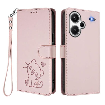 Embossed Heart Cat Leather Phone Case with Hand Strap, For Redmi Note 13 Pro+ 5G Global, For Redmi 12 4G / 5G / Note 12R, For Redmi K50i / Note 12T Pro, For Redmi Note 12 Turbo 5G / Xiaomi Poco F5, For Redmi K60 / K60 Pro                               ...