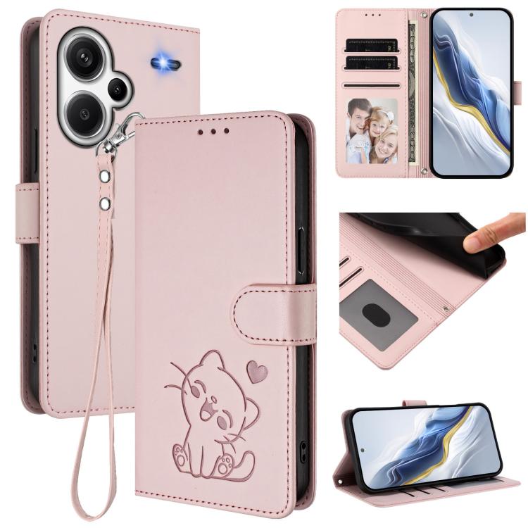 Embossed Heart Cat Leather Phone Case with Hand Strap, For Redmi Note 13 Pro+ 5G Global, For Redmi 12 4G / 5G / Note 12R, For Redmi K50i / Note 12T Pro, For Redmi Note 12 Turbo 5G / Xiaomi Poco F5, For Redmi K60 / K60 Pro                               ...