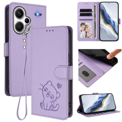 Embossed Heart Cat Leather Phone Case with Hand Strap, For Redmi Note 13 Pro+ 5G Global, For Redmi 12 4G / 5G / Note 12R, For Redmi K50i / Note 12T Pro, For Redmi Note 12 Turbo 5G / Xiaomi Poco F5, For Redmi K60 / K60 Pro                               ...