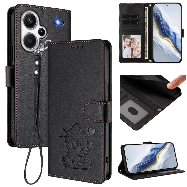 Embossed Heart Cat Leather Phone Case with Hand Strap, For Redmi Note 13 Pro+ 5G Global, For Redmi 12 4G / 5G / Note 12R, For Redmi K50i / Note 12T Pro, For Redmi Note 12 Turbo 5G / Xiaomi Poco F5, For Redmi K60 / K60 Pro                               ...