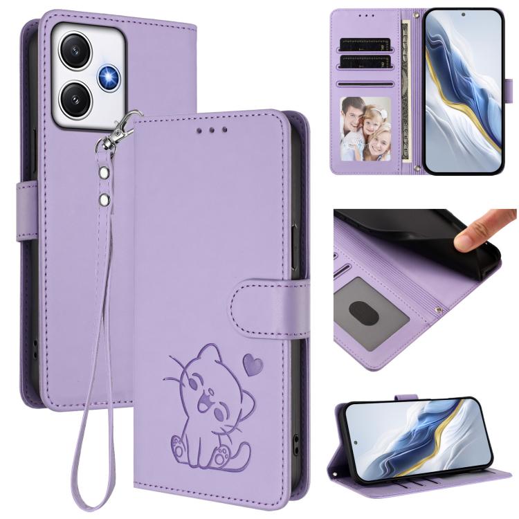 Embossed Heart Cat Leather Phone Case with Hand Strap, For Redmi Note 13 Pro+ 5G Global, For Redmi 12 4G / 5G / Note 12R, For Redmi K50i / Note 12T Pro, For Redmi Note 12 Turbo 5G / Xiaomi Poco F5, For Redmi K60 / K60 Pro                               ...