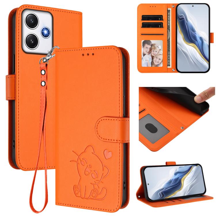 Embossed Heart Cat Leather Phone Case with Hand Strap, For Redmi Note 13 Pro+ 5G Global, For Redmi 12 4G / 5G / Note 12R, For Redmi K50i / Note 12T Pro, For Redmi Note 12 Turbo 5G / Xiaomi Poco F5, For Redmi K60 / K60 Pro                               ...