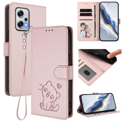 Embossed Heart Cat Leather Phone Case with Hand Strap, For Redmi Note 13 Pro+ 5G Global, For Redmi 12 4G / 5G / Note 12R, For Redmi K50i / Note 12T Pro, For Redmi Note 12 Turbo 5G / Xiaomi Poco F5, For Redmi K60 / K60 Pro                               ...