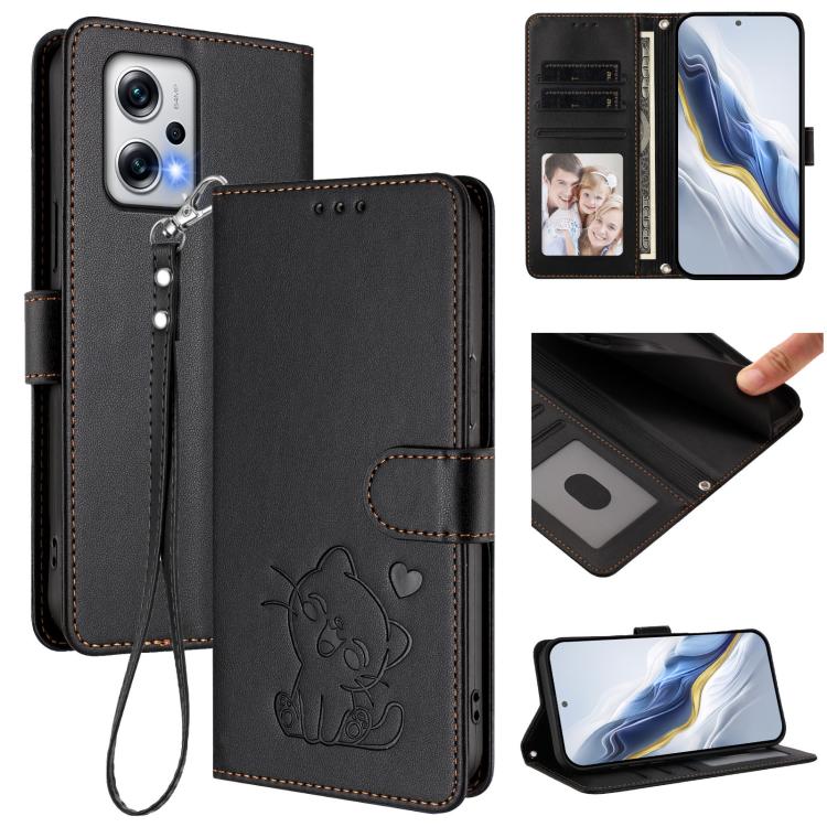 Embossed Heart Cat Leather Phone Case with Hand Strap, For Redmi Note 13 Pro+ 5G Global, For Redmi 12 4G / 5G / Note 12R, For Redmi K50i / Note 12T Pro, For Redmi Note 12 Turbo 5G / Xiaomi Poco F5, For Redmi K60 / K60 Pro                               ...