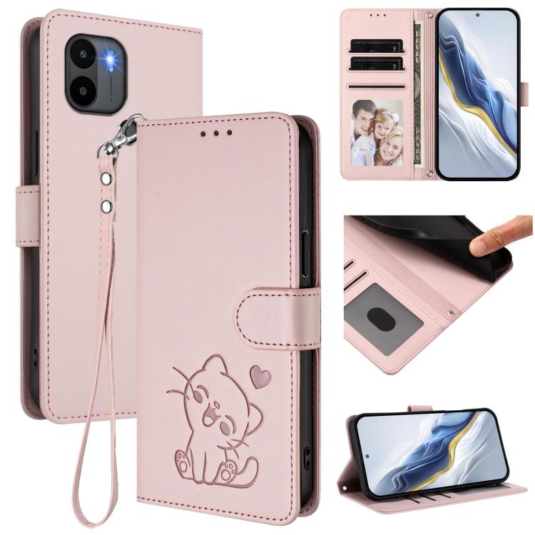 Embossed Heart Cat Leather Phone Case with Hand Strap, For Redmi Note 13 Pro+ 5G Global, For Redmi 12 4G / 5G / Note 12R, For Redmi K50i / Note 12T Pro, For Redmi Note 12 Turbo 5G / Xiaomi Poco F5, For Redmi K60 / K60 Pro                               ...