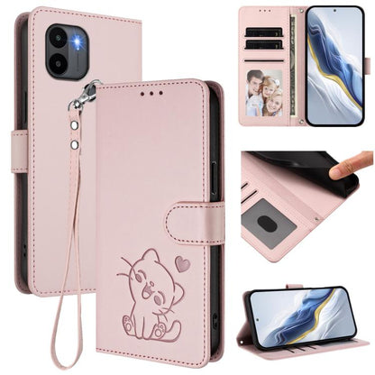 Embossed Heart Cat Leather Phone Case with Hand Strap, For Redmi Note 13 Pro+ 5G Global, For Redmi 12 4G / 5G / Note 12R, For Redmi K50i / Note 12T Pro, For Redmi Note 12 Turbo 5G / Xiaomi Poco F5, For Redmi K60 / K60 Pro                               ...