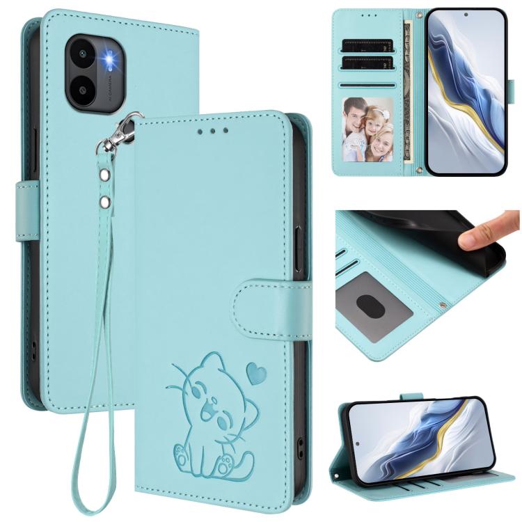 Embossed Heart Cat Leather Phone Case with Hand Strap, For Redmi Note 13 Pro+ 5G Global, For Redmi 12 4G / 5G / Note 12R, For Redmi K50i / Note 12T Pro, For Redmi Note 12 Turbo 5G / Xiaomi Poco F5, For Redmi K60 / K60 Pro                               ...
