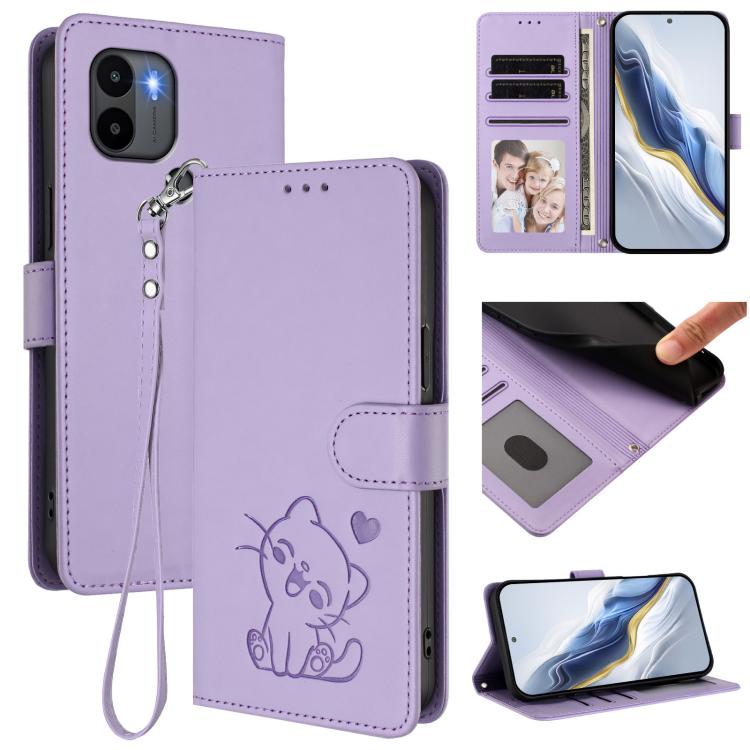 Embossed Heart Cat Leather Phone Case with Hand Strap, For Redmi Note 13 Pro+ 5G Global, For Redmi 12 4G / 5G / Note 12R, For Redmi K50i / Note 12T Pro, For Redmi Note 12 Turbo 5G / Xiaomi Poco F5, For Redmi K60 / K60 Pro                               ...