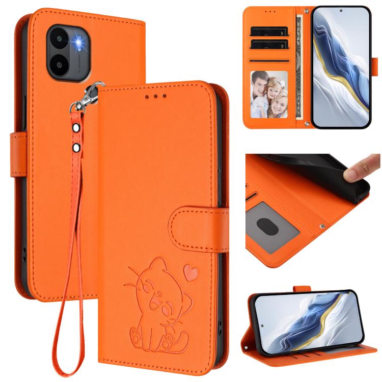 Embossed Heart Cat Leather Phone Case with Hand Strap, For Redmi Note 13 Pro+ 5G Global, For Redmi 12 4G / 5G / Note 12R, For Redmi K50i / Note 12T Pro, For Redmi Note 12 Turbo 5G / Xiaomi Poco F5, For Redmi K60 / K60 Pro                               ...