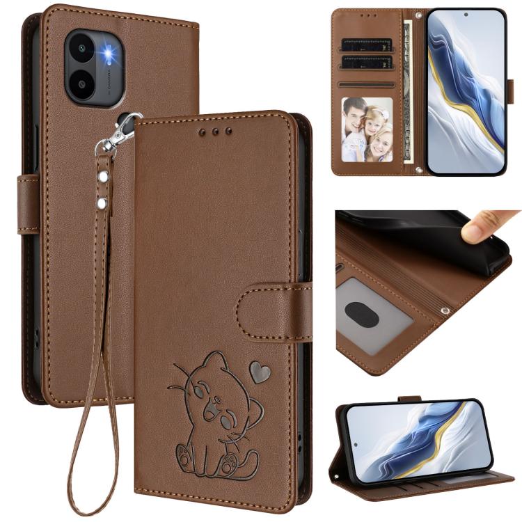 Embossed Heart Cat Leather Phone Case with Hand Strap, For Redmi Note 13 Pro+ 5G Global, For Redmi 12 4G / 5G / Note 12R, For Redmi K50i / Note 12T Pro, For Redmi Note 12 Turbo 5G / Xiaomi Poco F5, For Redmi K60 / K60 Pro                               ...