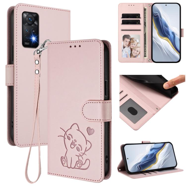 Embossed Heart Cat Leather Phone Case with Hand Strap, For Redmi Note 13 Pro+ 5G Global, For Redmi 12 4G / 5G / Note 12R, For Redmi K50i / Note 12T Pro, For Redmi Note 12 Turbo 5G / Xiaomi Poco F5, For Redmi K60 / K60 Pro                               ...