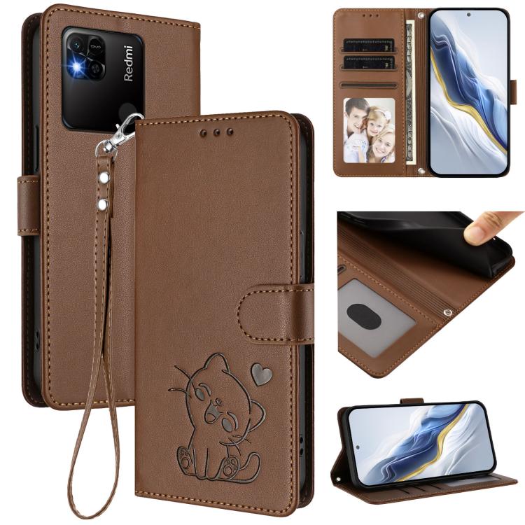 Étui de téléphone en cuir avec cœur en relief et dragonne pour Redmi 10 2022 Inde / 10C, pour Redmi Note 11S 5G / Xiaomi Poco M4 Pro 5G, pour Redmi 10A / 9C, pour Redmi 10 2022