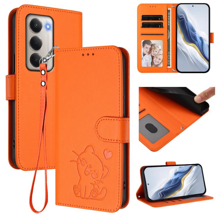 Embossed Heart Cat Leather Phone Case with Hand Strap, For Xiaomi Poco M7 4G 169mm, For Redmi 15 5G Global / 15 4G SEA 169.5mm, For Redmi 15 5G / 4G EU 171mm, For Redmi 15C 5G / 4G Global 171mm / Poco C85 4G, For Redmi 13 4G / 5G / 13x / Xiaomi Poco M6...