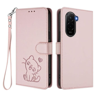 Embossed Heart Cat Leather Phone Case with Hand Strap, For Xiaomi Poco M7 4G 169mm, For Redmi 15 5G Global / 15 4G SEA 169.5mm, For Redmi 15 5G / 4G EU 171mm, For Redmi 15C 5G / 4G Global 171mm / Poco C85 4G, For Redmi 13 4G / 5G / 13x / Xiaomi Poco M6...
