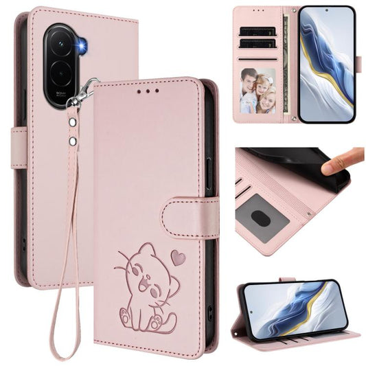 Embossed Heart Cat Leather Phone Case with Hand Strap, For Xiaomi Poco M7 4G 169mm, For Redmi 15 5G Global / 15 4G SEA 169.5mm, For Redmi 15 5G / 4G EU 171mm, For Redmi 15C 5G / 4G Global 171mm / Poco C85 4G, For Redmi 13 4G / 5G / 13x / Xiaomi Poco M6...