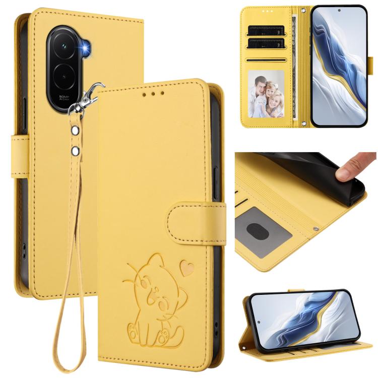 Embossed Heart Cat Leather Phone Case with Hand Strap, For Xiaomi Poco M7 4G 169mm, For Redmi 15 5G Global / 15 4G SEA 169.5mm, For Redmi 15 5G / 4G EU 171mm, For Redmi 15C 5G / 4G Global 171mm / Poco C85 4G, For Redmi 13 4G / 5G / 13x / Xiaomi Poco M6...