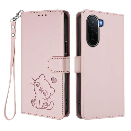 Embossed Heart Cat Leather Phone Case with Hand Strap, For Redmi A7 Pro 4G / 5G 171mm / Poco C85x 5G, For Redmi 15a 5G, For Redmi Turbo 5 Max 5G / Poco X8 Pro Max 5G, For Redmi Turbo 5 5G / Poco X8 Pro 5G, For Redmi Note 15 Pro+ 5G 163.3mm/Poco M8 Pro ...